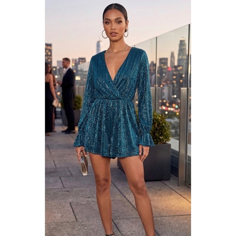 Lulus‎ Teal Blue Metallic Pleated Long Sleeve Romper V-Neck Party Size L